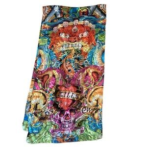 Ed Hardy Christian Audigier Skull Dragon Tattoo Print Silk Blend Scarf Y2K